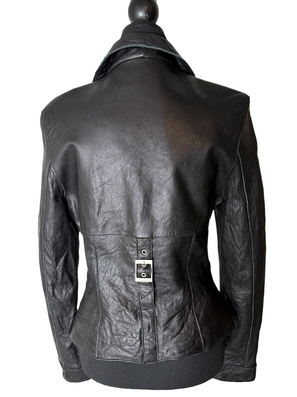 DANIER Vintage Black Leather Fitted Moto Jacket Zipper Back Buckle Size Small